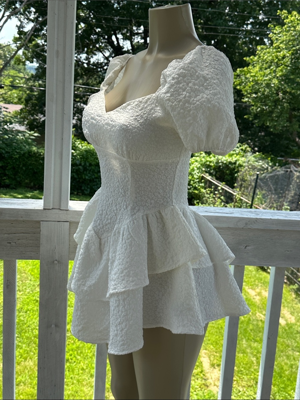 White Textured Peplum Mini Dress with Puff Sleeves